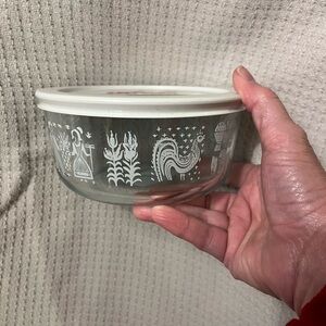 Glass Pyrex Bowl with White Folk Art Design